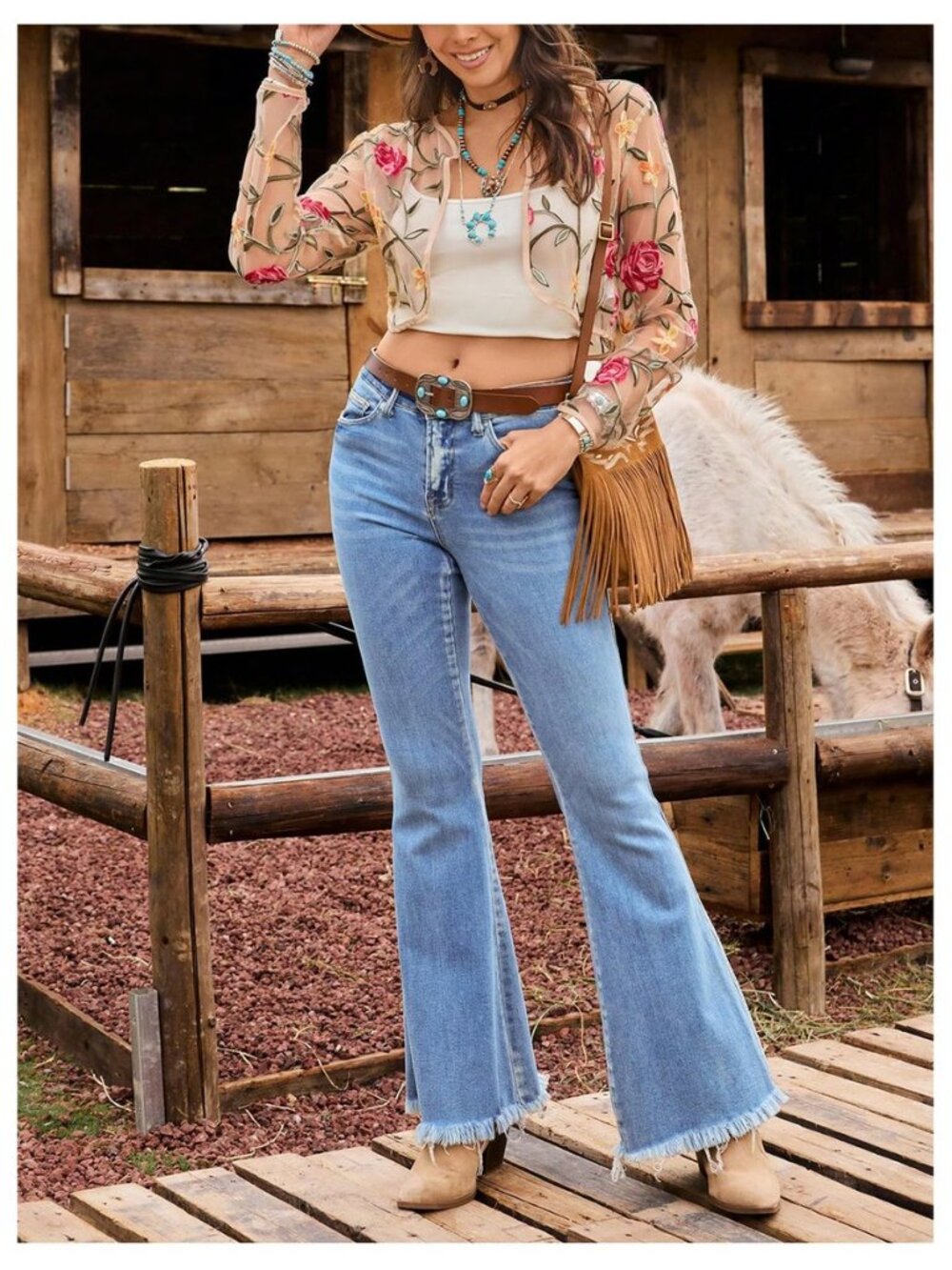 Women's Floral Embroidered Sheer Bolero Open Front Crop Jackets - Picture 5 of 8